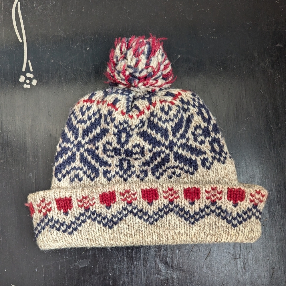 ♥️ 💙 LL Bean Vintage Beanie Knit Pom-Pom USA Snowflake Fair Isle Pattern 1970's